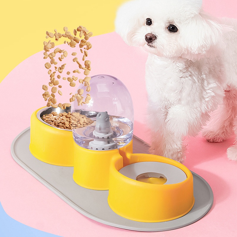 [Hàng Sẵn] Bát ăn cho mèo thú cưng hai ngăn đôi có bát inox khay bình nước tự động Hoạt hình dễ thương【Tennessee052】