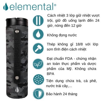 Bình giữ nhiệt Elemental sport 590ml màu đen camo, giữ nhiệt vượt trội,inox 304