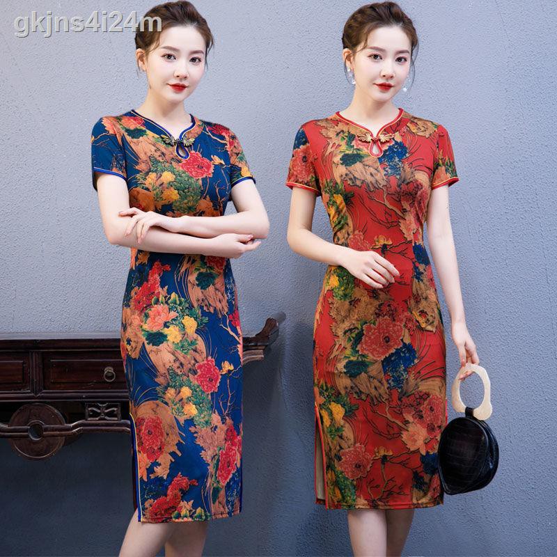 Xuân và hè băng lụa ngắn tay váy sườn xám thoáng khí kiểu Trung Quốc phiên bản cải tiến váy phụ nữ trung niên và cao tuổ