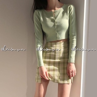 (Ảnh thật - có sẵn) Set chân váy kẻ + cardigan xanh cốm