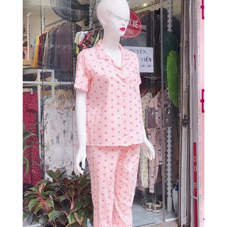 Bộ Pijama thô Hàn hồng tim đỏ áo ngắn quần dài
