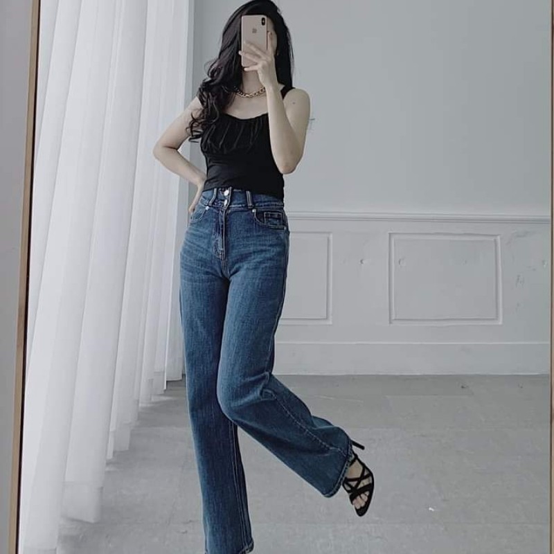 Quần jean nữ ống rộng lưng cao dáng suông loại 2 cúc phom rộng phong cách Ulzzang Hàn Quốc chất dày dặn hàng cao cấp