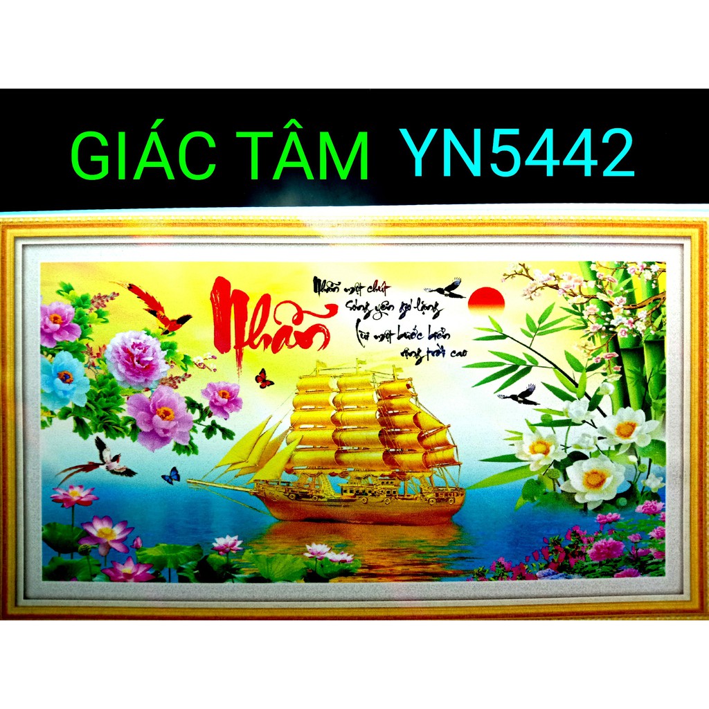 Tranh đá NHẪN - 90x50cm - YN5442 - THUYỀN BUỒM BÔNG HOA SEN MẪU ĐƠN CÚC TRÚC CHIM MẶT TRỜI - tranh đá đã làm