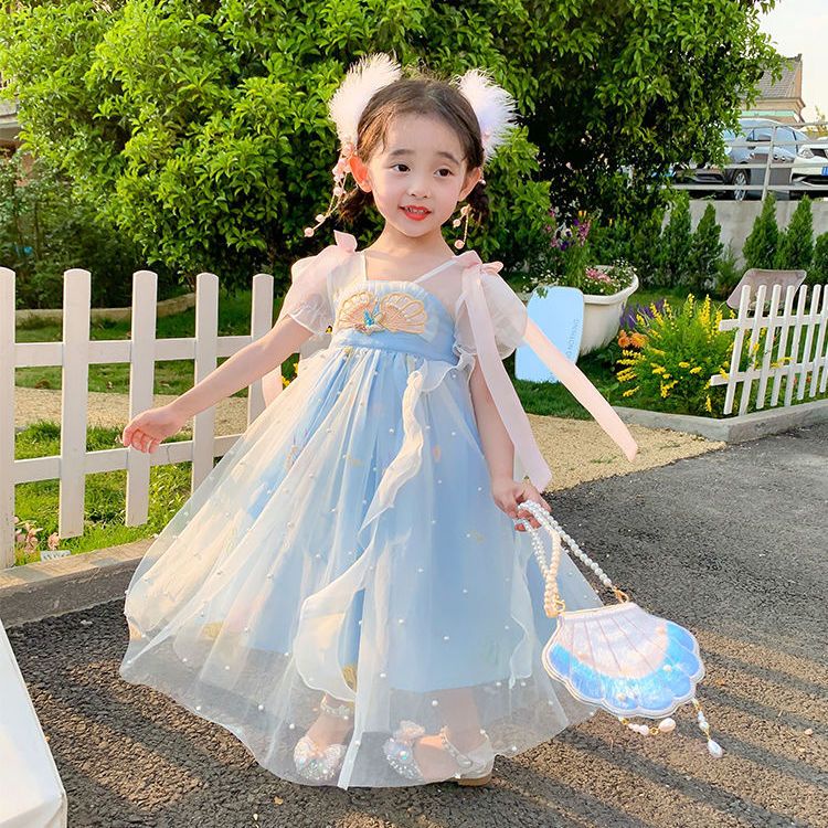 Đầm Hán Phục Tay Ngắn Phối Lưới Thêu Họa Tiết Thời Trang Mùa Hè 2022 Mới Phong Cách Trung Hoa Cho Bé Gái