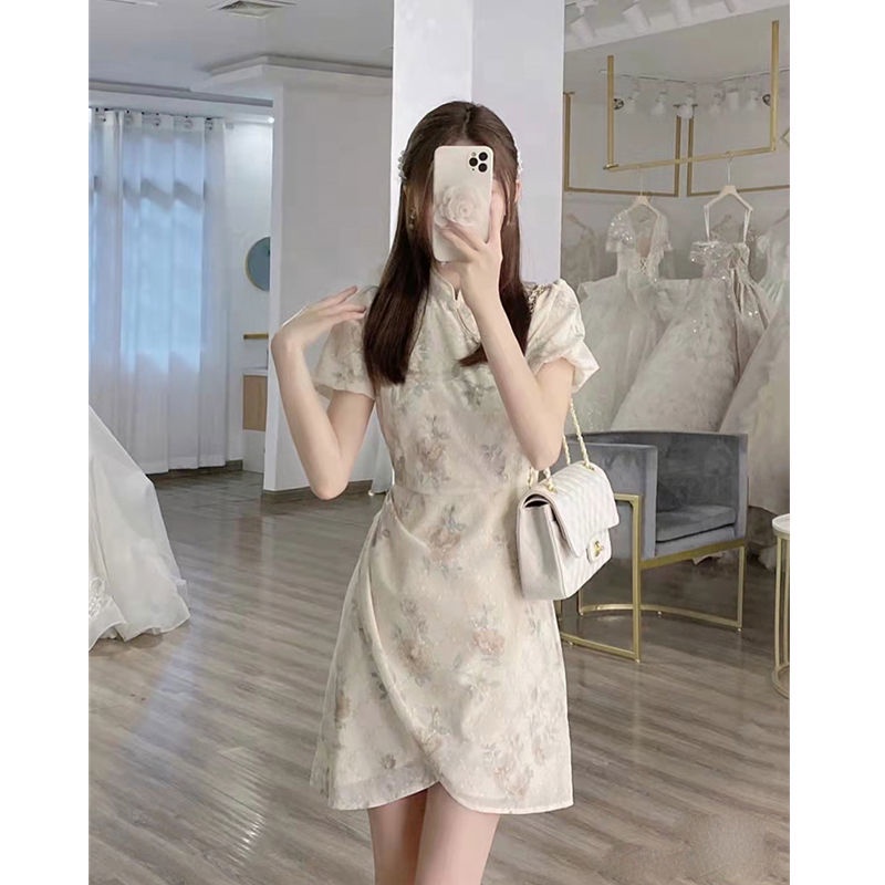Đầm sườn xám ngắn cách tân phong cách Trung Quốc tay ngắn mùa hè Pháp