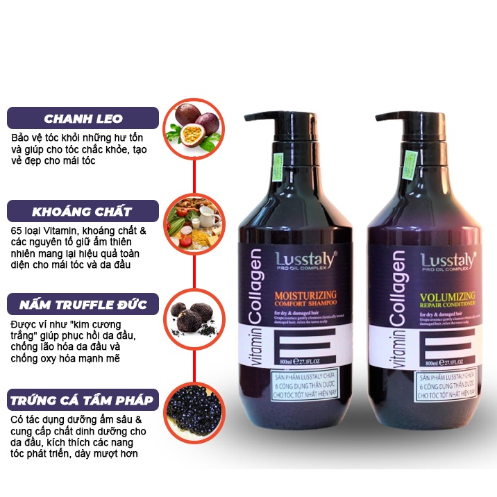 Bộ Dầu Gội + Dầu Xả LUSSTALY COLLAGEN Vitamin E 800ML - Dầu Gội Kích Thích Mọc Tóc Lamyra