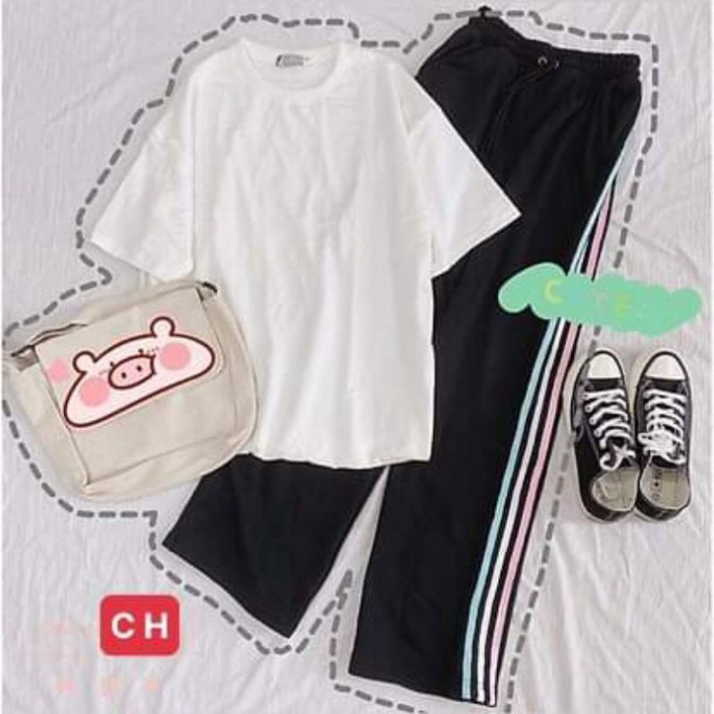 sét trang phục nam nữ, sét đồ basic, áo phông hè, thun trắng trơn mix quần 3 sọc form thụng unisex freesize ulzzang 🦋