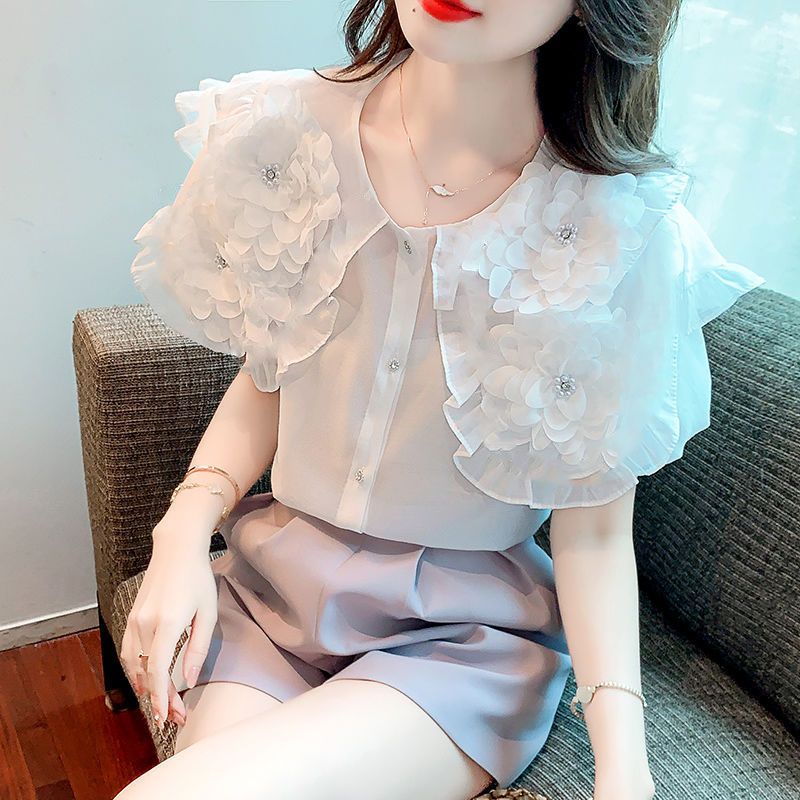 Áo Sơ Mi Tay Phồng Cổ Búp Bê Đính Hạt Phong Cách Pháp Thời Trang Mùa Hè 2022 Hàng Mới