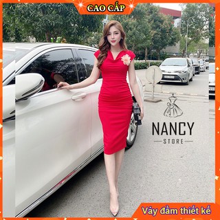 Đầm body cổ chéo,đính hoa dáng ôm tay ngắn, cao cấp sang chảnh dự tiệc công sở màu đỏ Nancy A45