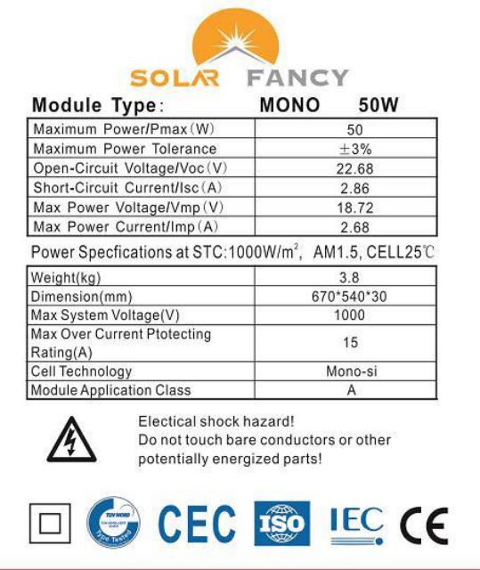 Tấm Pin NLMT 50W công suất cao(  được tặng kèm jack MC4)