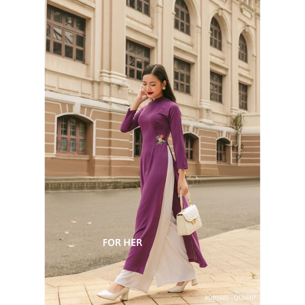 Áo dài lụa hoa thêu tím đậm AD01685