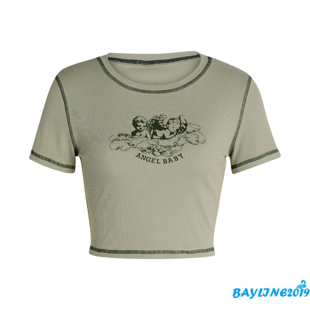 Áo Thun Croptop Cổ Tròn Tay Ngắn In Hình Thiên Thần Nhỏ Dành Cho Nữ