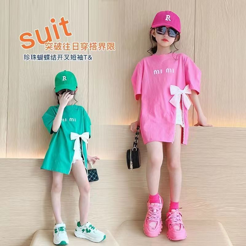Bộ Áo Thun Ngắn Tay Thắt Nơ Hông + Chân Váy Xẻ Tà Phong Cách Phương Tây Thời Trang Mùa Hè Hàng Mới Dành Cho Bé Gái 2022