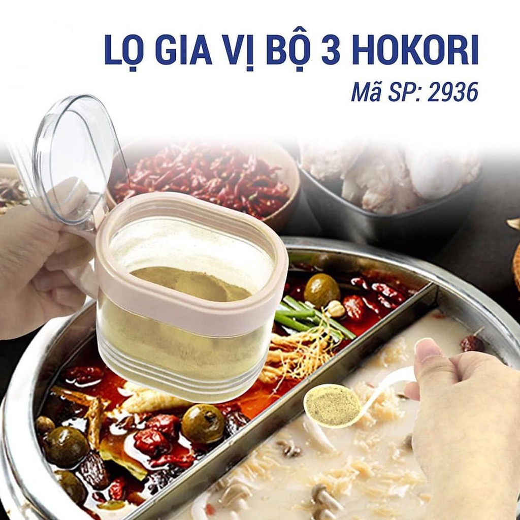 Bộ 3 lọ đựng gia vị Hokori kèm thìa và khay đựng tiện lợi nhựa Việt Nhật trong suốt, hũ gia vị có nắp 2936