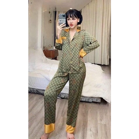 bộ pijama lụa qccc gucci xanh vàng | BigBuy360 - bigbuy360.vn