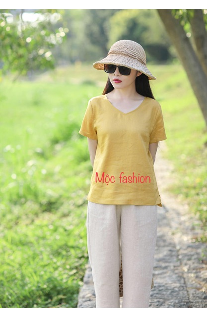 Bộ linen áo cổ tim tay ngắn quần ống bé đủ size S đến XL 44-63kg