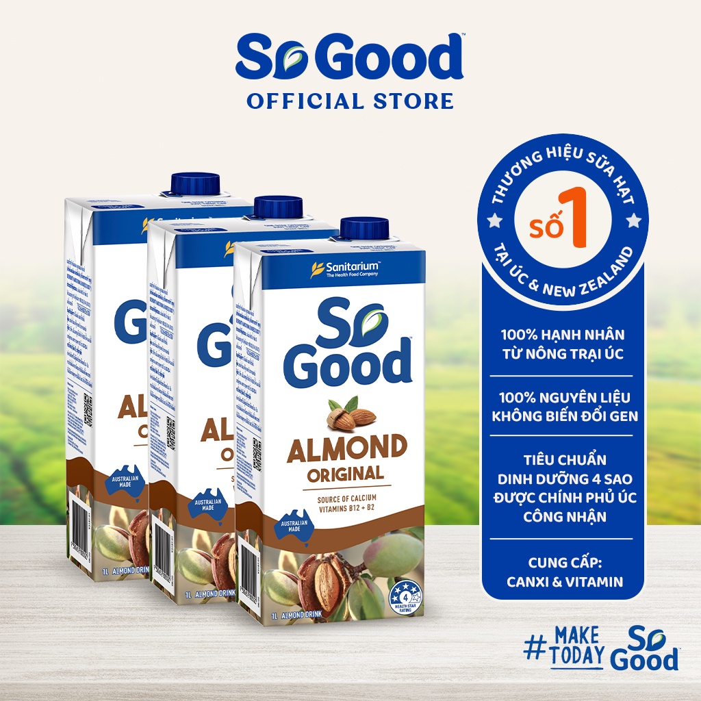 Combo 3 hộp Sữa hạt hạnh nhân ít đường SO GOOD 1 Lít bổ sung canxi và vitamin phù hợp người ăn kiêng