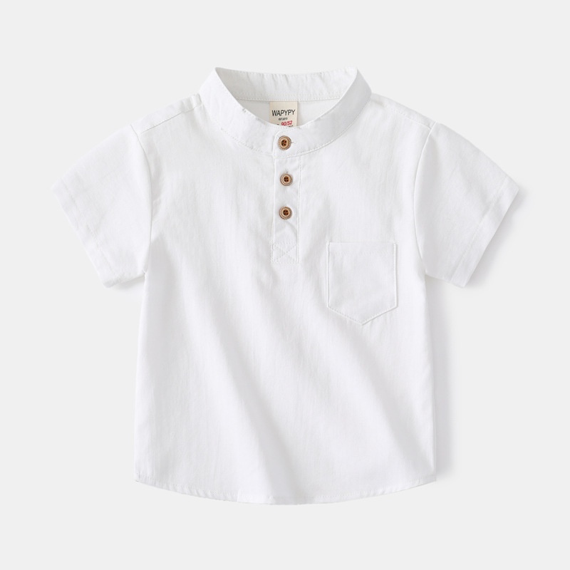 Áo sơ mi cộc tay cho bé trai Wapypy phong cách Hàn Quốc, cổ chữ V, 100% cotton mới nhất cho mùa hè 2022