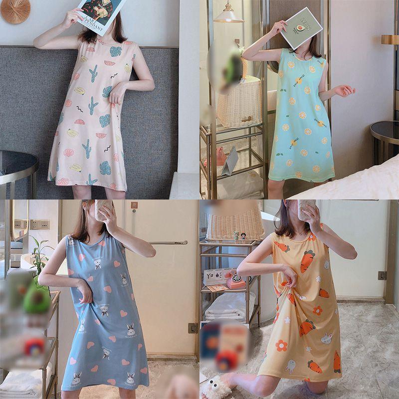 Đầm ngủ không tay bằng lụa sữa họa tiết hoạt hình dễ thương phong cách ngọt ngào thời trang mùa hè cho nữ
