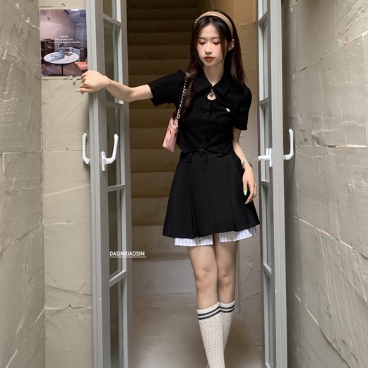 Áo thun polo ZHELIHANGFEI dệt kim tay ngắn lưng cao thiết kế cá tính quyến rũ cho nữ