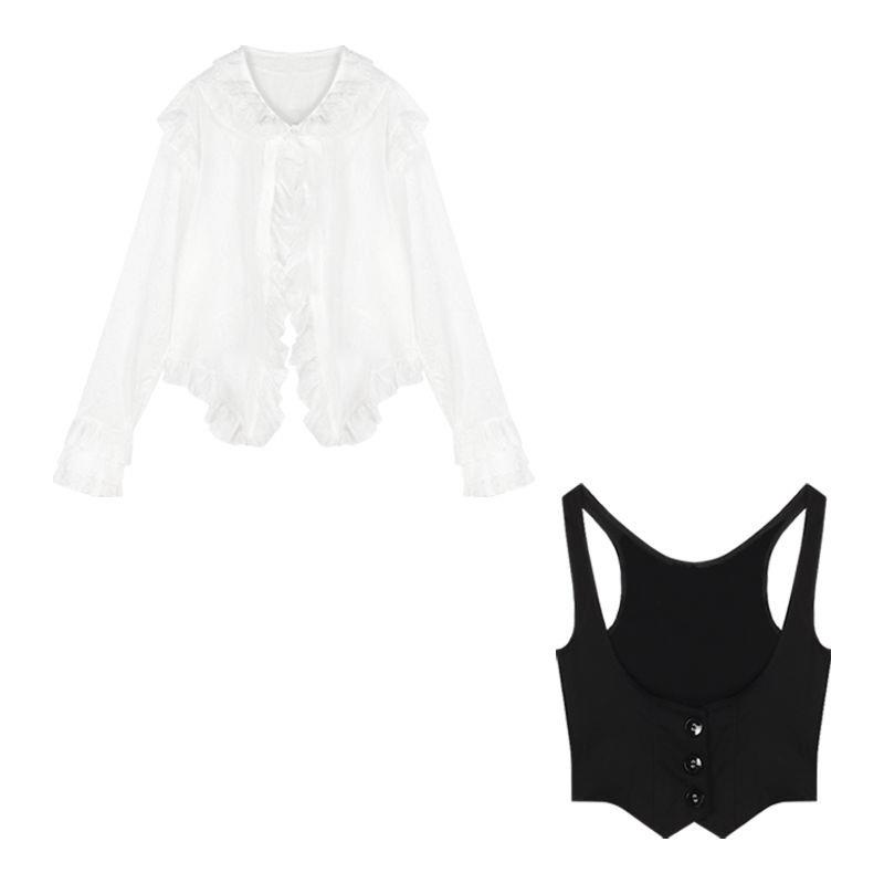 Set Áo Sơ Mi Trắng Dài Tay Phối Bèo + Áo Khoác Sát Nách Thời Trang Mùa Xuân 2022