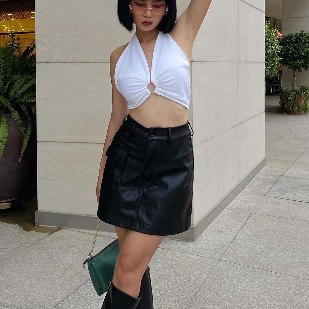 Quần váy da CMK phom chữ A ngắn, túi hộp - LEATHER SKORT 720 (Có lót quần bên trong)