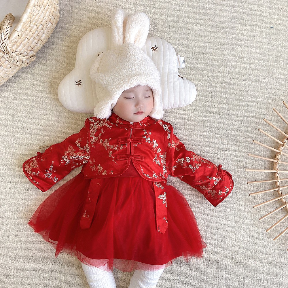 Đầm tết đỏ bé gái kiểu sườn xám thu đông