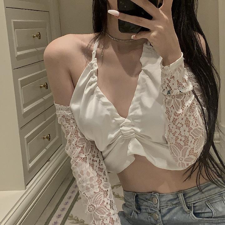 Áo kiểu COZOKC dài tay cổ chữ V phối ren dáng ôm phong cách quyến rũ