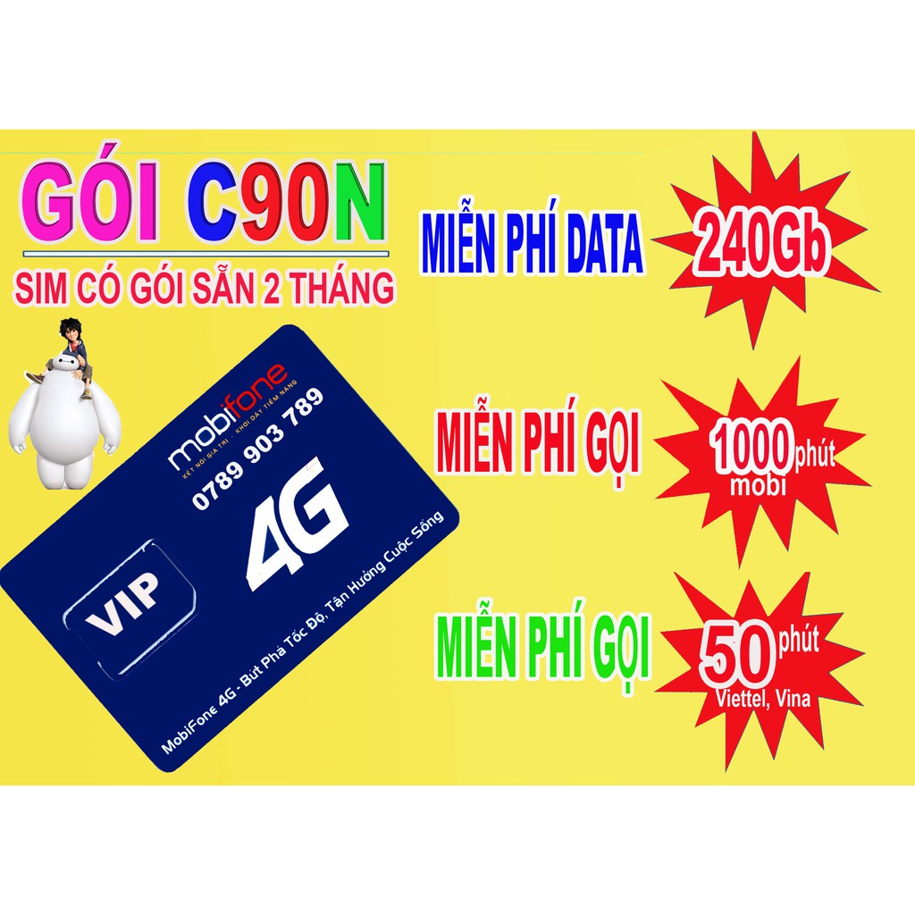 Sim 4G Mobifone Gói C90N TẶNG 120Gb Data MIỄN PHÍ Nghe Gọi