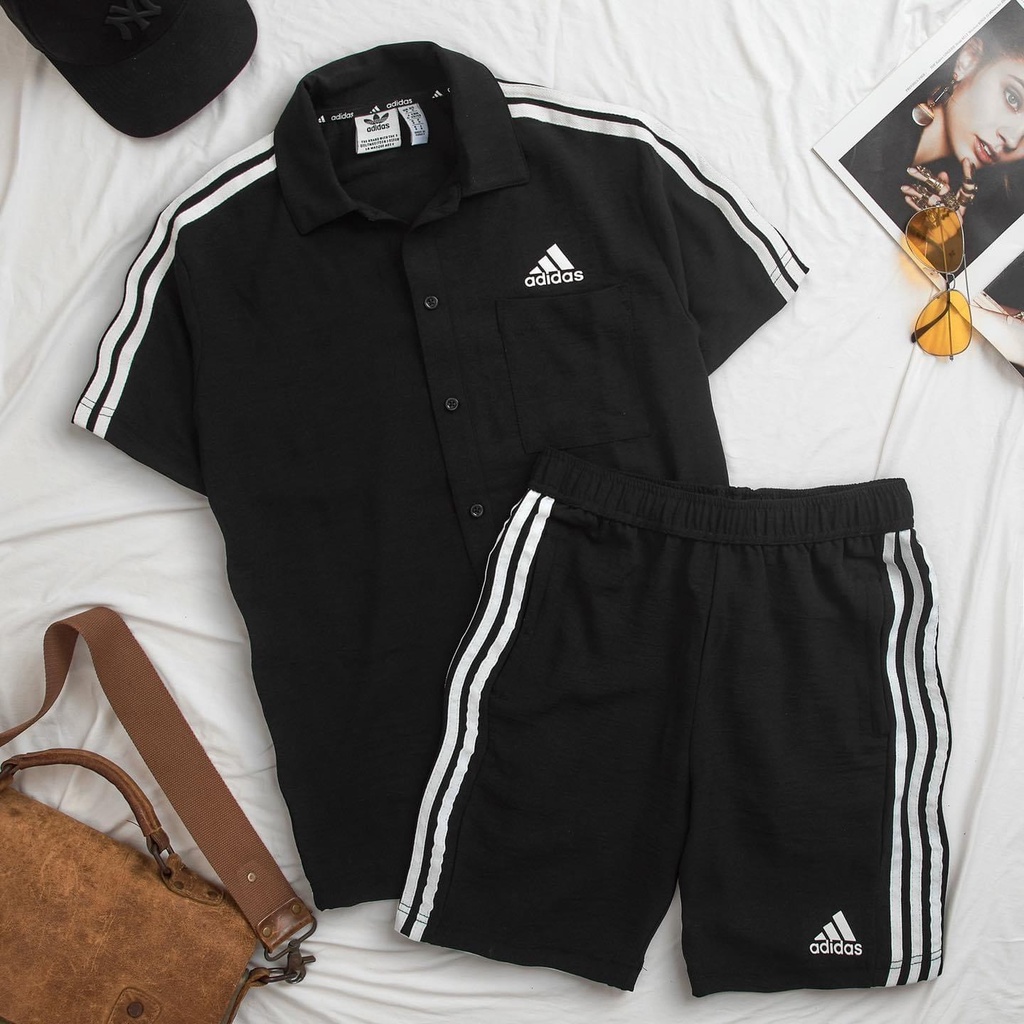 Bộ quần áo nam 3 sọc đóng cúc, bộ thể thao nam hè viền sọc chất đũi mặc thoáng mát