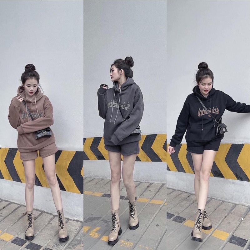 Sét bộ nỉ bông thêu chữ ORRINGINAL xin xò, áo hoodie mix quần sooc năng động, đủ size