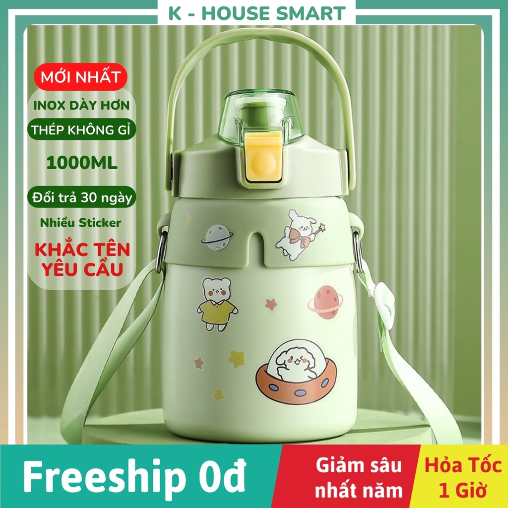 Bình nước giữ nhiệt 1000ml lõi inox có ống hút cute dễ thương cao cấp chắc chắn K-House Smart