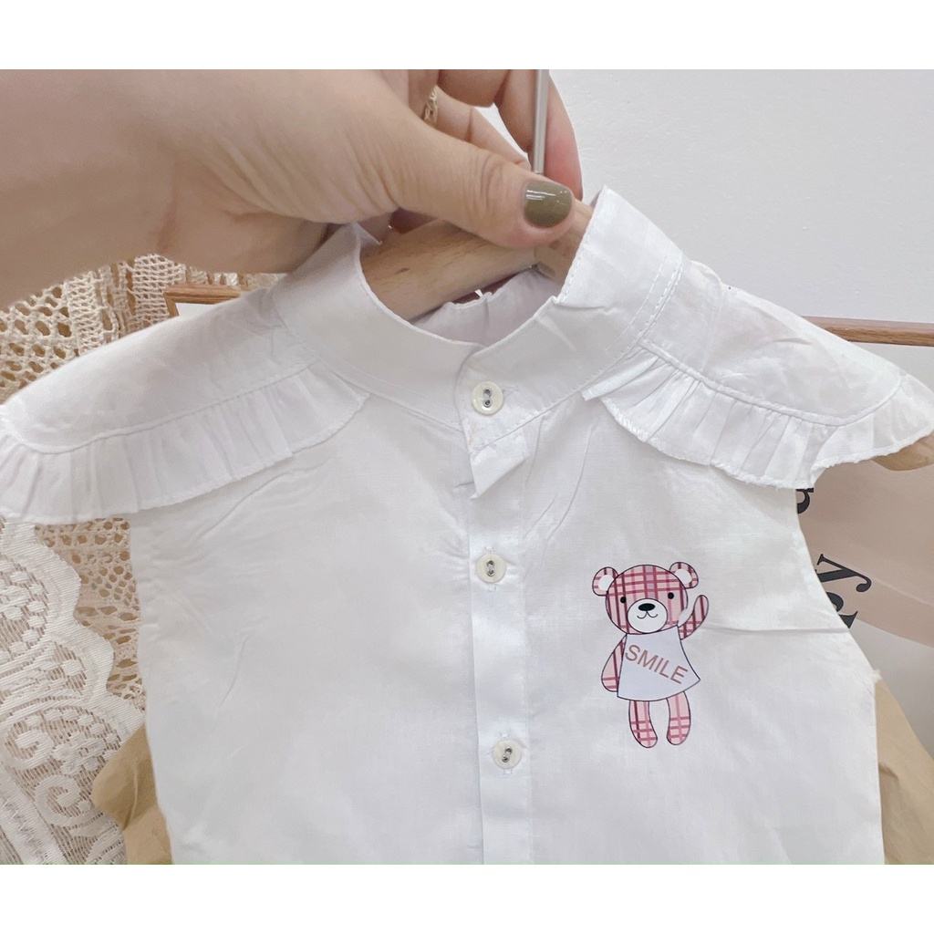 Set Bé Gái Phong Cách Áo Sơ Mi Cánh Tiên Sát Nách Trắng Vải Thun Đũi Quần Phồng