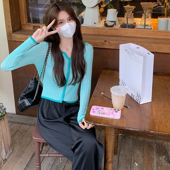 Áo cardigan ZHELIHANGFEI dệt kim tay dài cổ chữ V lưng cao dáng ôm dễ phối đồ sành điệu