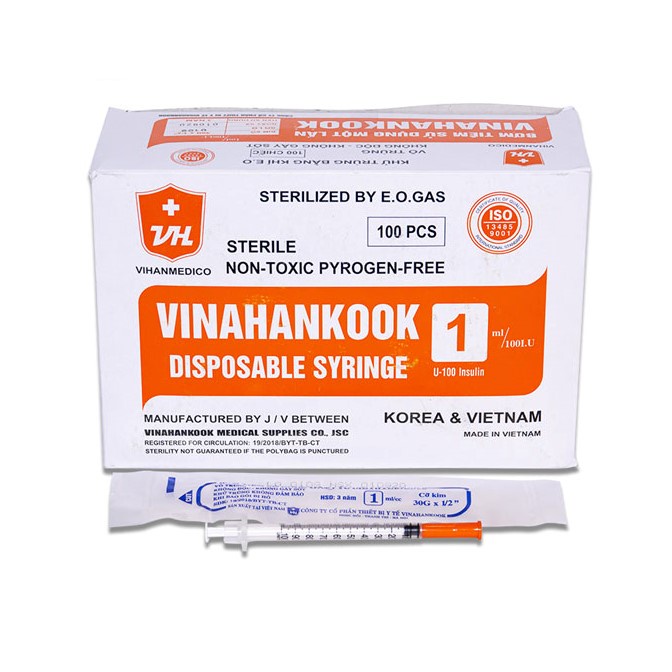 Hộp 100 bơm tiêm tiểu đường Vinahankook (1ml/100IU, 30G)