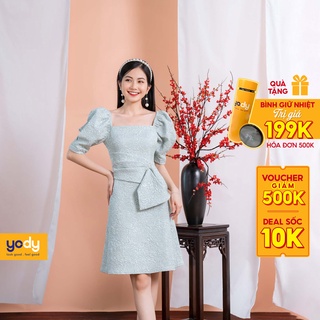Đầm cổ vuông nơ eo Yody Váy dáng xòe kẹp nơ Siêu xinh-VAN4090