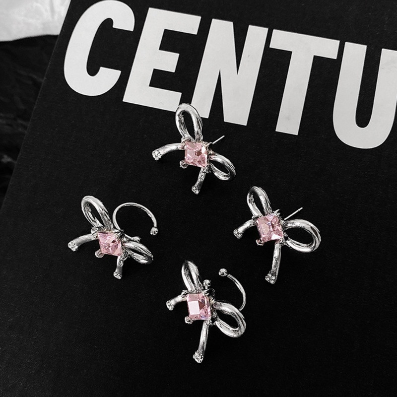 Khuyên tai mặt nơ đính đá hồng lấp lánh dễ phối đồ phong cách harajuku đi học đơn giản thời trang 19A1524