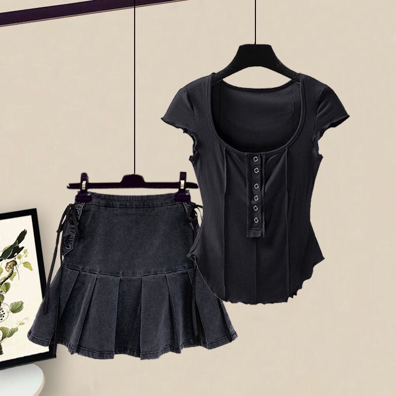 Jiashucheng Set Áo Thun Cổ Chữ u Và Chân Váy Jeans Thời Trang Nữ Tính