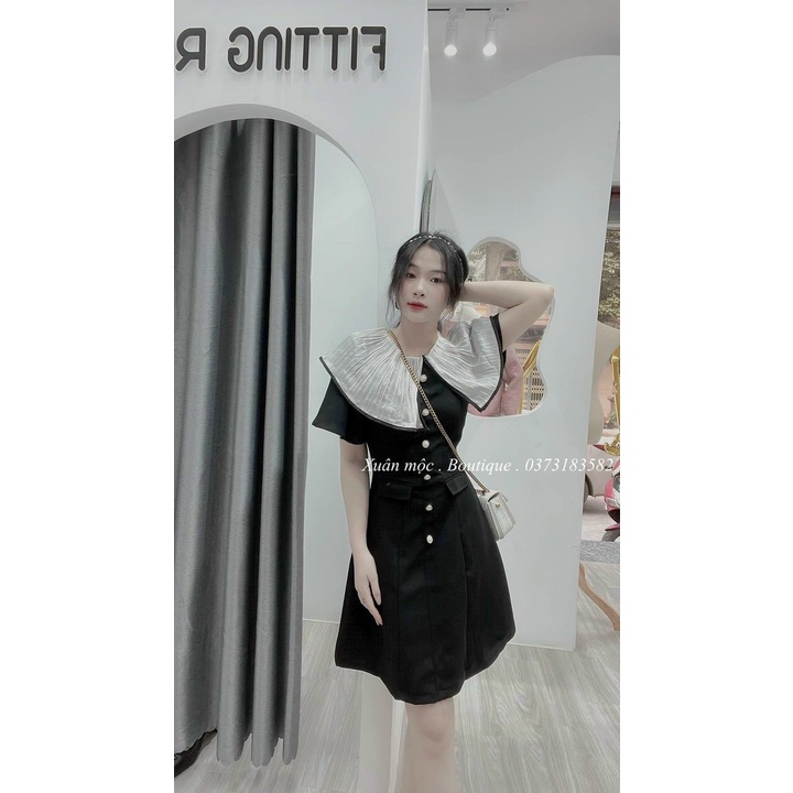 đầm lụa đính nút kiểu cổ bẻ bản to ngắn tay