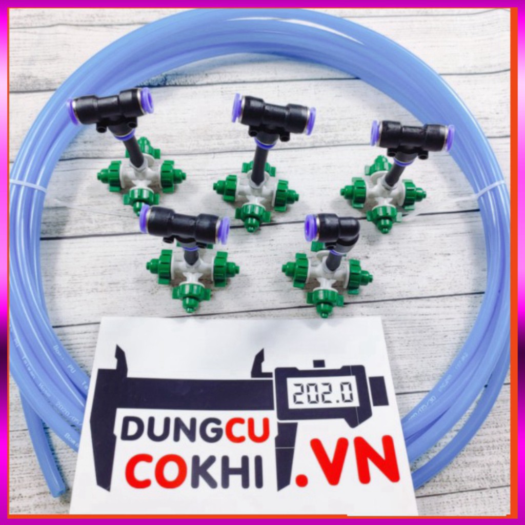 10m dây + 5Béc phun sương 4 tia, kèm kết nối nhanh ống 8mm dùng tưới cây, tưới lan