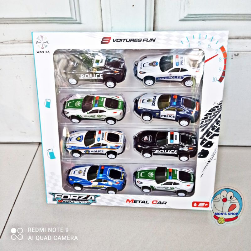 Đồ chơi set 8 xe ô tô cảnh sát, chạy đà, chất liệu kim loại