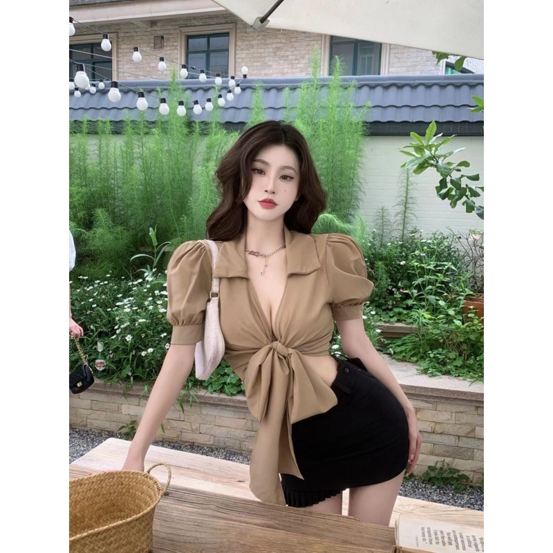 Áo Kiểu Tay Ngắn Cổ Chữ V Thời Trang Mùa Hè Quyến Rũ Cho Nữ