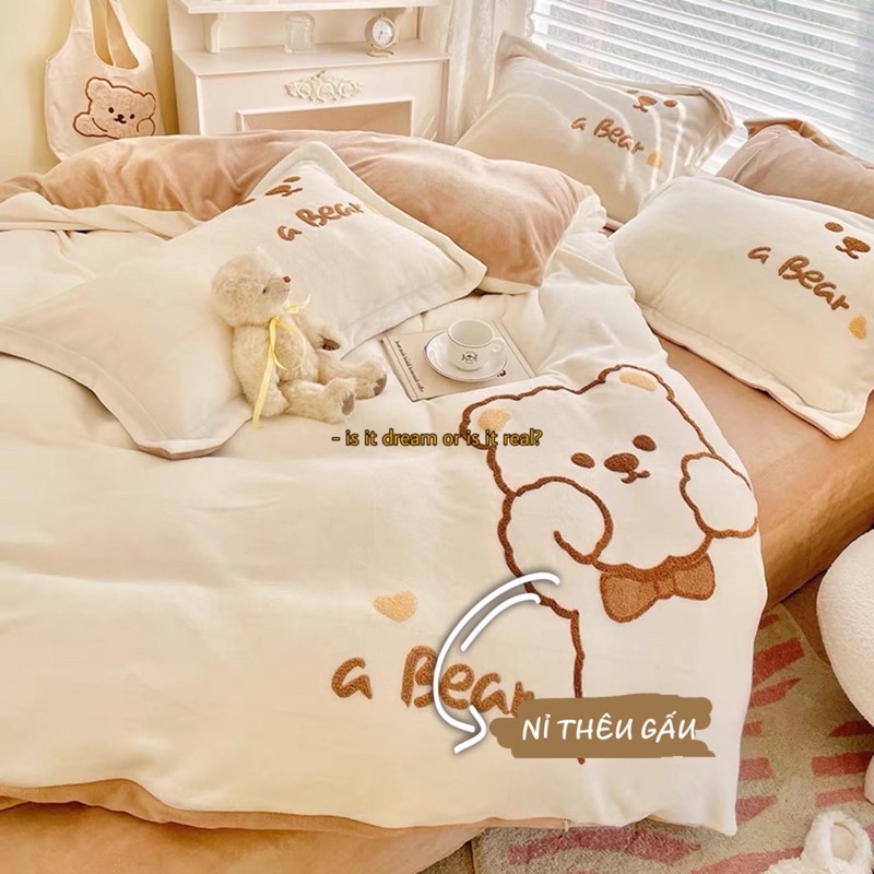 Set Bộ Vỏ Nỉ Nhung Mịn Thêu Gấu Beo Má Dễ Thương Nhiều Màu Sắc_shinbedding