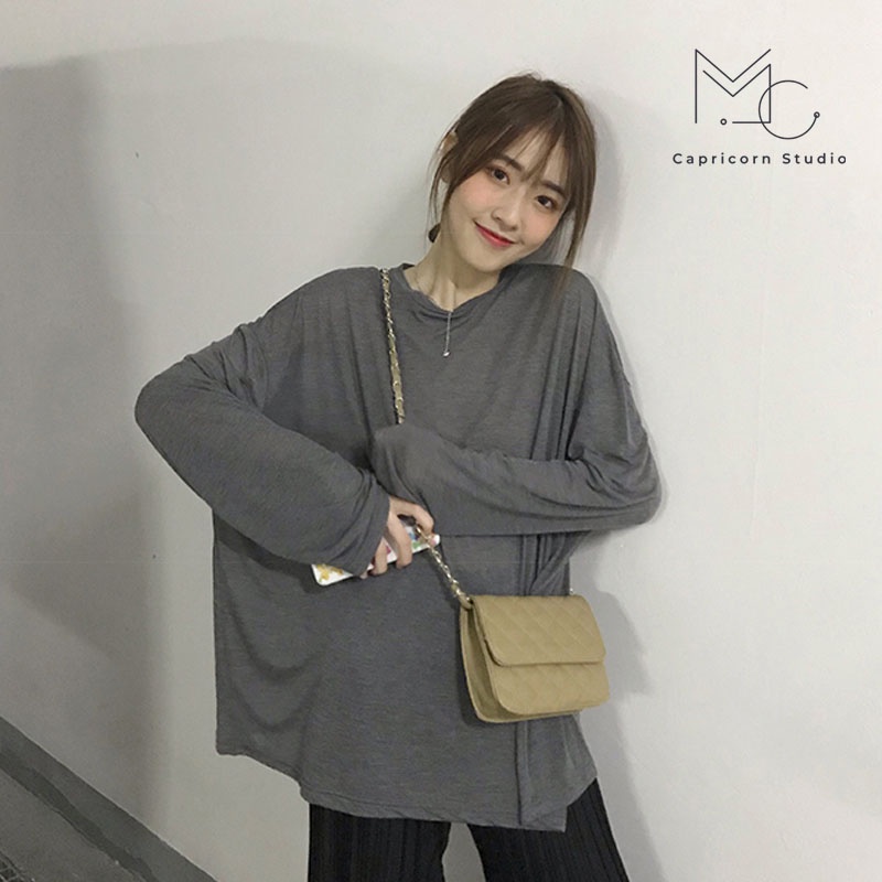 Áo thun dài tay kiểu mỏng mùa thu màu xám đơn giản phong cách Ulzzang Hàn Quốc