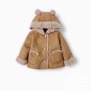 Áo da lộn lót lông mũ tai gấu Zara