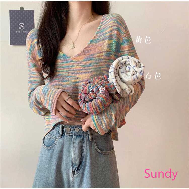 Áo Croptop Tay Dài Cổ V Màu Nhuộm Theo Phong Cách Hàn Quốc