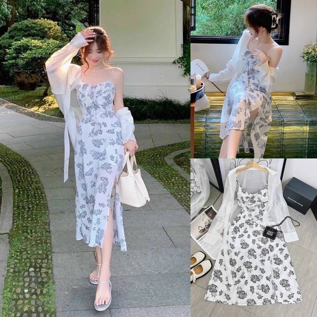 Set đầm váy nữ 2 dây họa tiết độc đáo xẻ tà mix áo khoác voan nữ tính, nhẹ nhàng dành cho các nàng yêu đi chơi