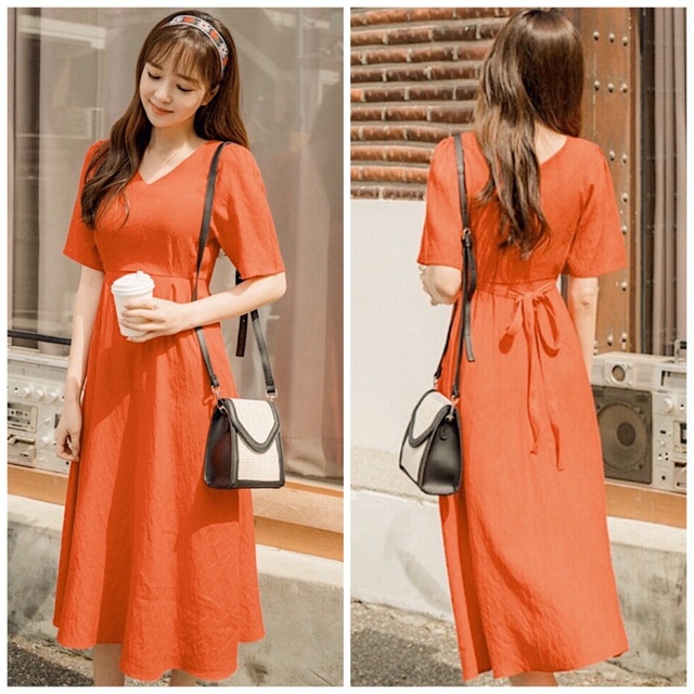 Đầm cam cổ V form dài thắt nơ
