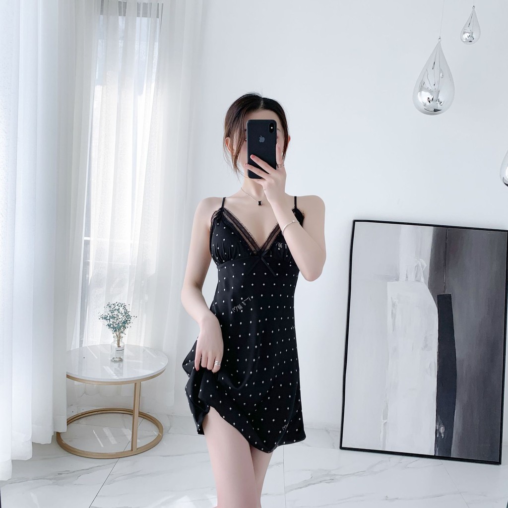 Váy ngủ 2 dây chấm bi 172 - Ha Song Shop đồ ngủ sexy chất lụa gợi cảm form chuẩn tôn dáng cho nữ