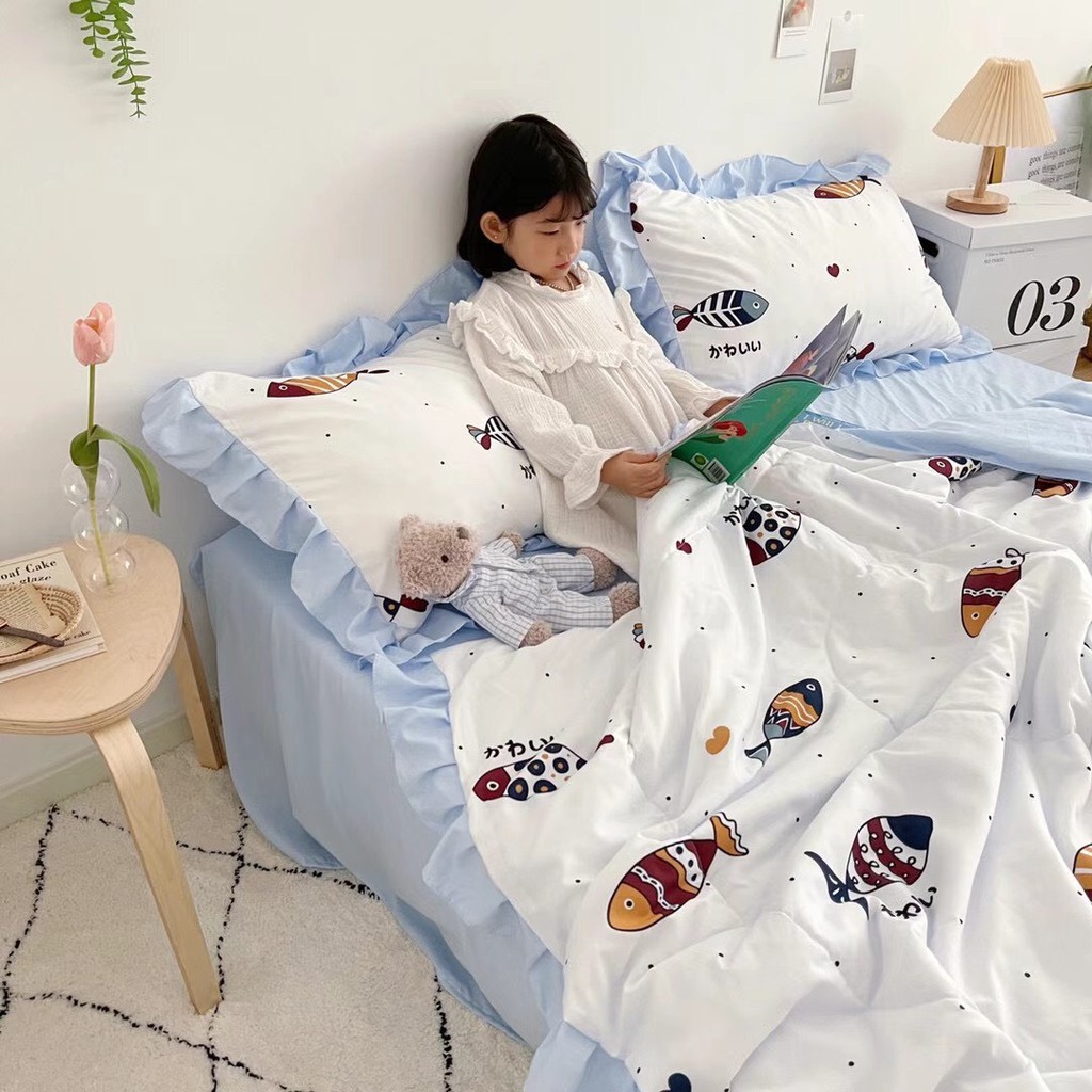 Bộ chăn đũi hè vỏ ga và 2 vỏ gối M2T bedding chăn lót bông thiết kế phối bèo họa tiết Đại Dương xanh